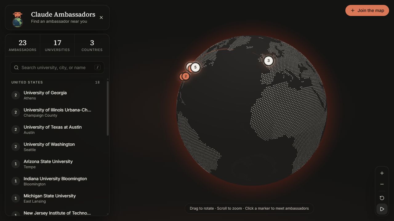 CBC World showing the Claude Ambassadors directory beside an interactive globe of university locations.
